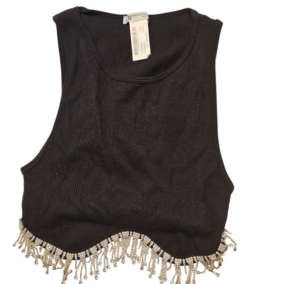 Zara XS/S Black Ribbed Tank Top Rhinestone Fringe Sleeveless Cropped - Picture 1 of 11